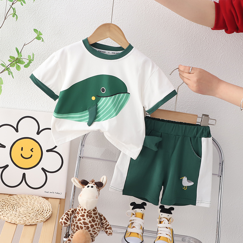 Set Áo Thun Ba Lỗ + Quần Short Cotton In Hình Cá Voi Hoạt Hình Thời Trang Mùa Hè Cho Bé 80-120cm