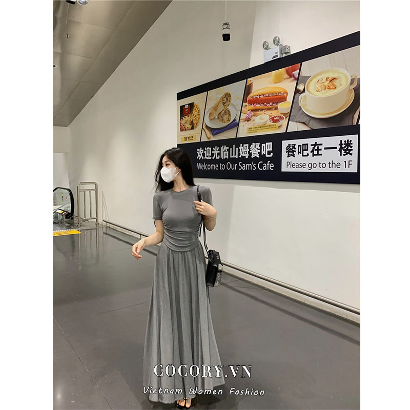 Cocory vn Bộ Áo Ngắn Tay + Chân Váy Dài Dáng Ôm Thời Trang Mùa Hè Hàn Quốc Cho Nữ