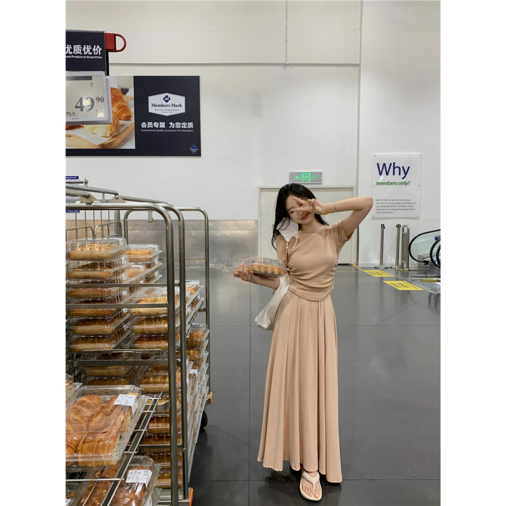 Cocory vn Bộ Áo Ngắn Tay + Chân Váy Dài Dáng Ôm Thời Trang Mùa Hè Hàn Quốc Cho Nữ