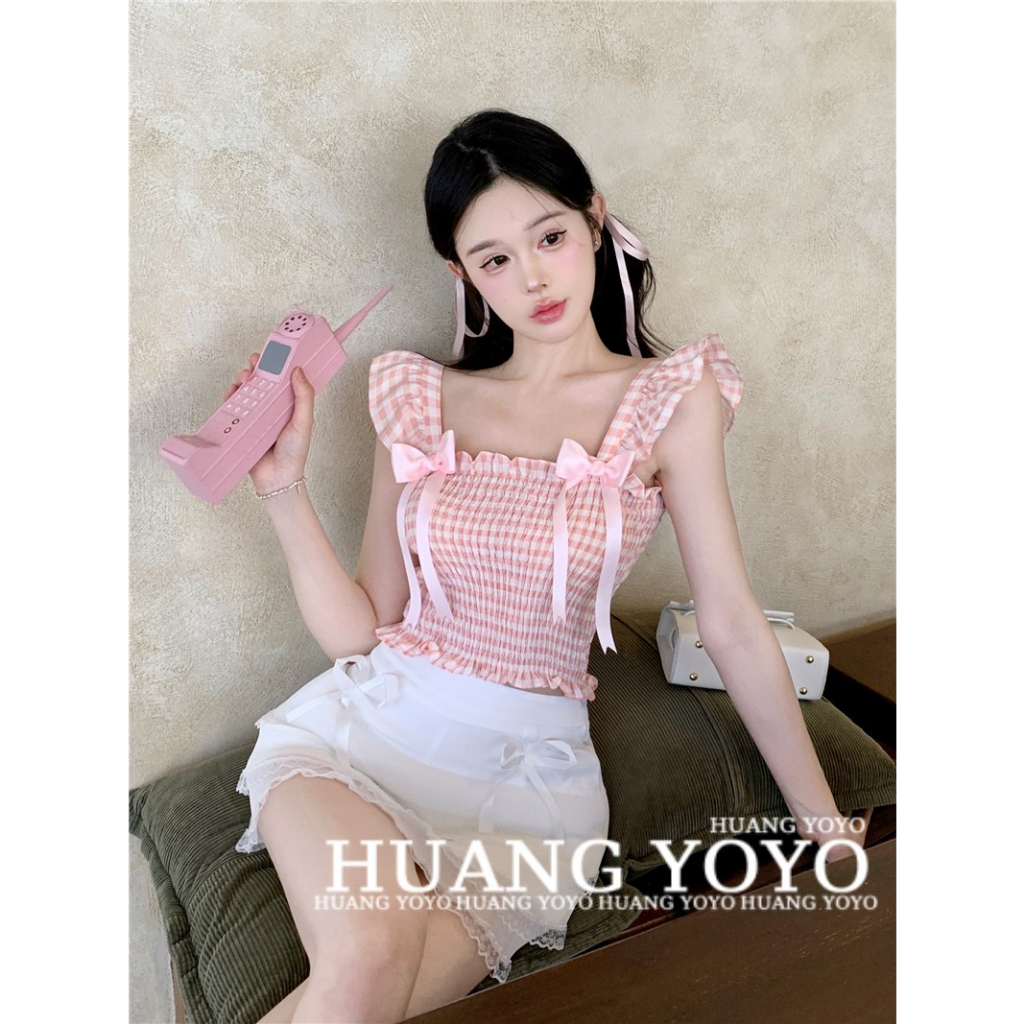 Áo Croptop Không Tay Cổ Vuông Họa Tiết Sọc Caro Phối Nơ Xinh Xắn Thời Trang Cho Nữ