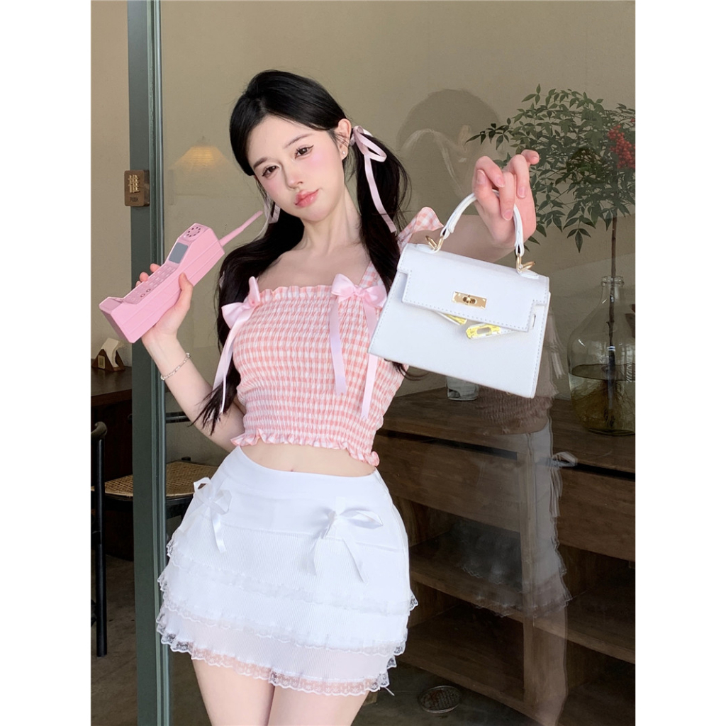 Áo Croptop Không Tay Cổ Vuông Họa Tiết Sọc Caro Phối Nơ Xinh Xắn Thời Trang Cho Nữ