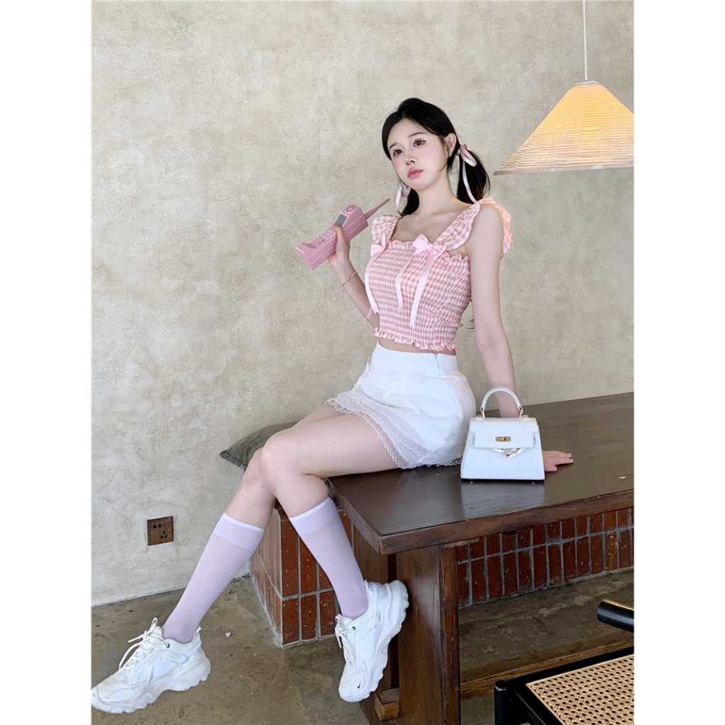 Áo Croptop Không Tay Cổ Vuông Họa Tiết Sọc Caro Phối Nơ Xinh Xắn Thời Trang Cho Nữ