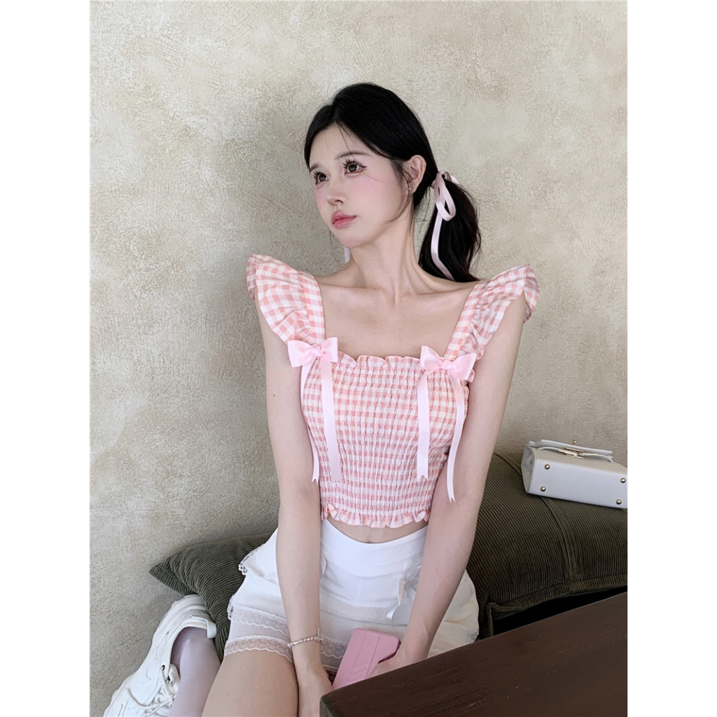 Áo Croptop Không Tay Cổ Vuông Họa Tiết Sọc Caro Phối Nơ Xinh Xắn Thời Trang Cho Nữ