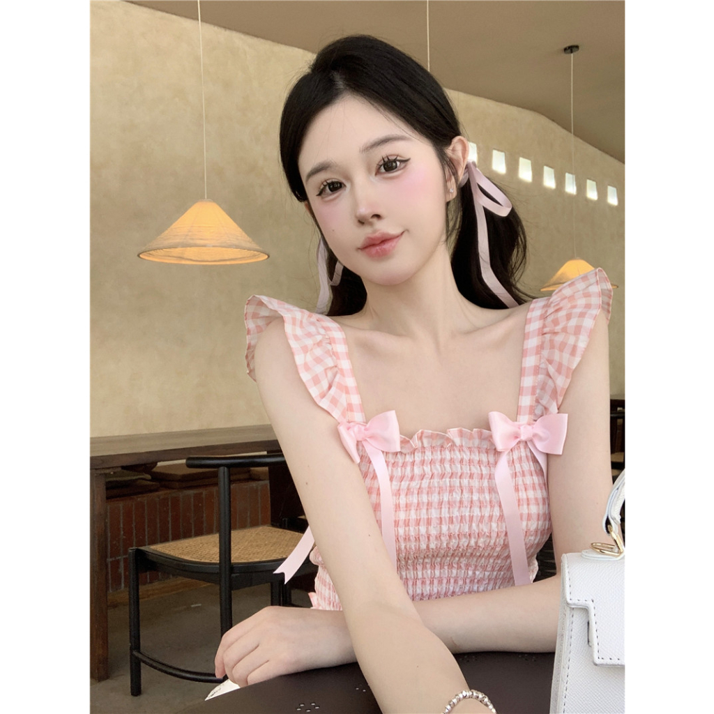 Áo Croptop Không Tay Cổ Vuông Họa Tiết Sọc Caro Phối Nơ Xinh Xắn Thời Trang Cho Nữ