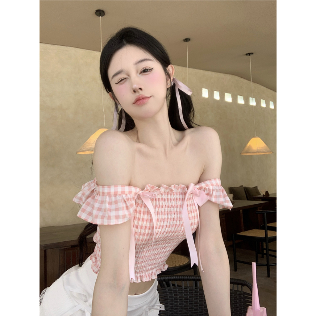 Áo Croptop Không Tay Cổ Vuông Họa Tiết Sọc Caro Phối Nơ Xinh Xắn Thời Trang Cho Nữ