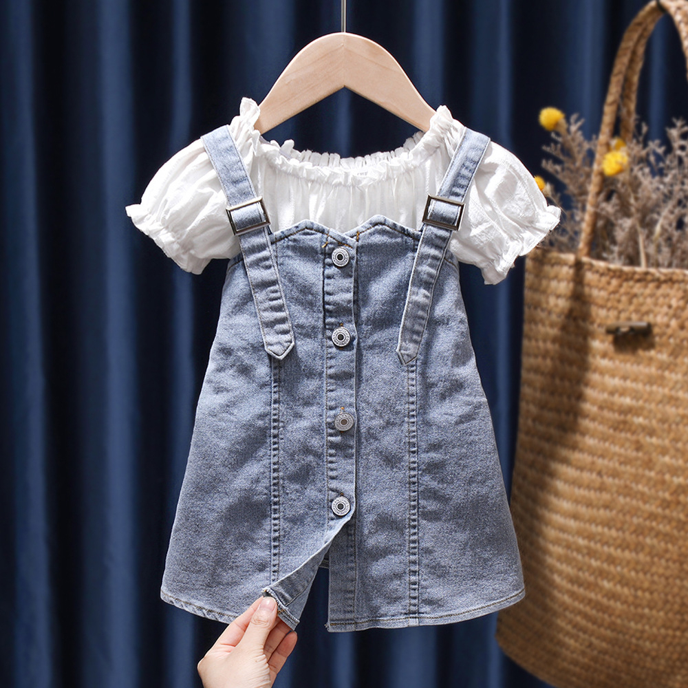 Set Áo Sơ Mi Trắng + Váy Yếm Denim Thời Trang Mùa Hè 2023 Cho Bé Gái 1-6 Tuổi