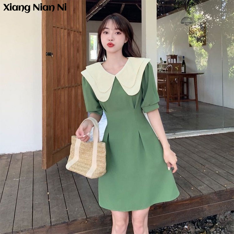 Đầm Xiang Nian Ni cổ búp bê kép tay ngắn chiết eo phong cách Pháp nhẹ nhàng thanh lịch dành cho nữ