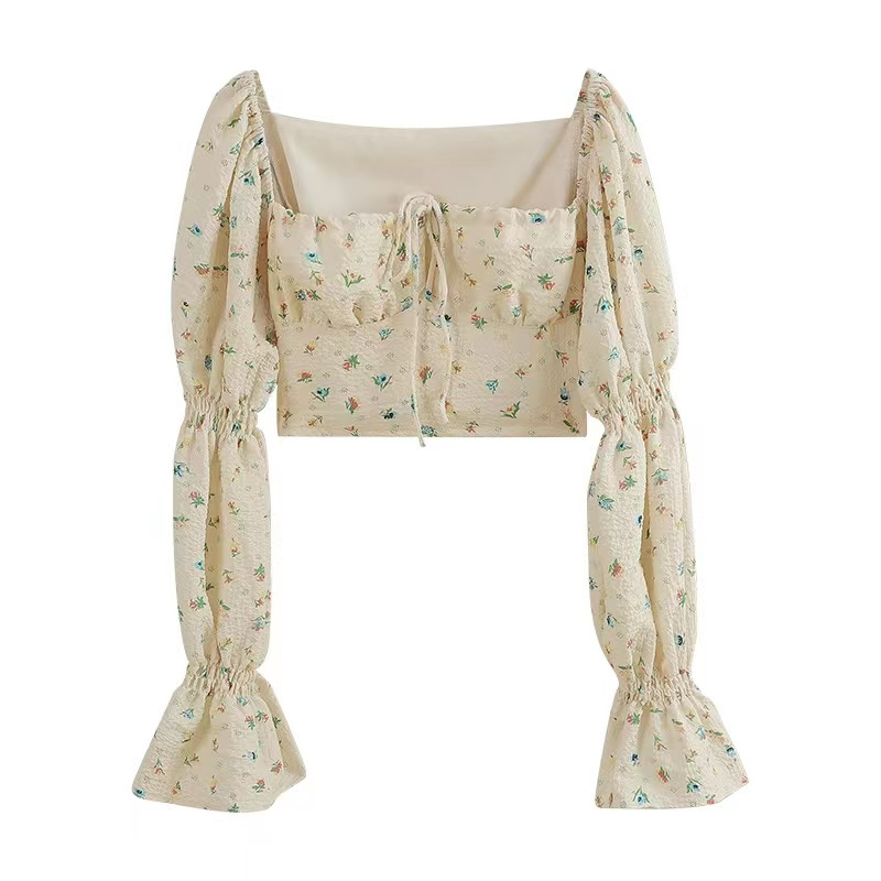 Áo hoa COZOKC cổ vuông dáng ôm phong cách cổ điển cho nữ