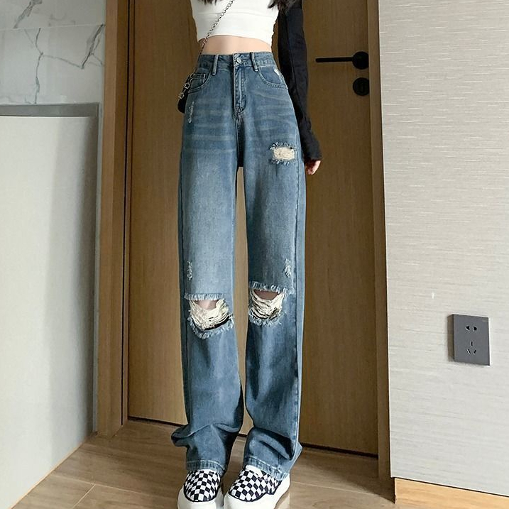 COZOKC COZOK Quần Jean Rách Ống Rộng Lưng Cao Thời Trang