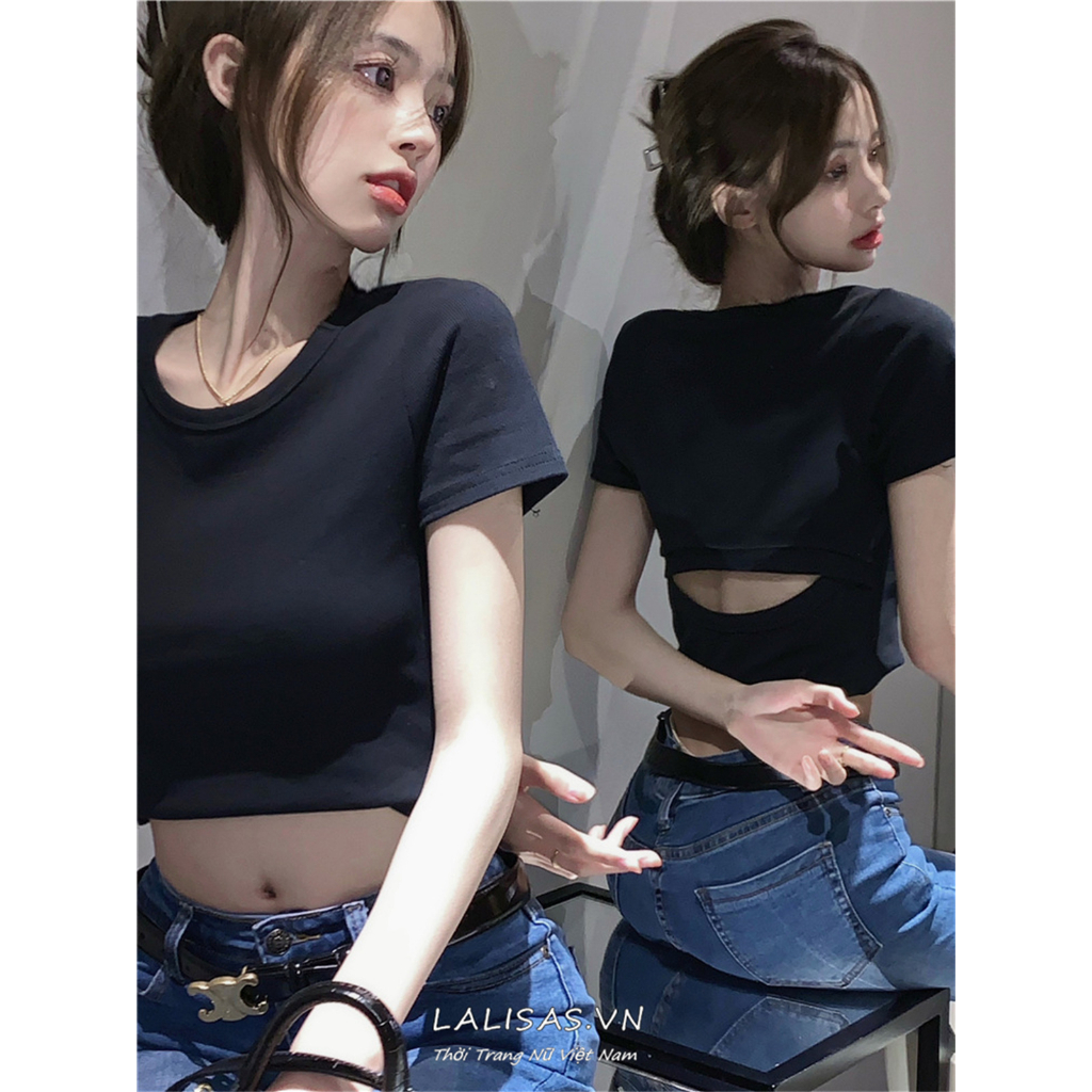 Lalisas Áo Croptop Tay Ngắn Hở Lưng Phong Cách Hàn Quốc Thời Trang Quyến Rũ Cho Nữ