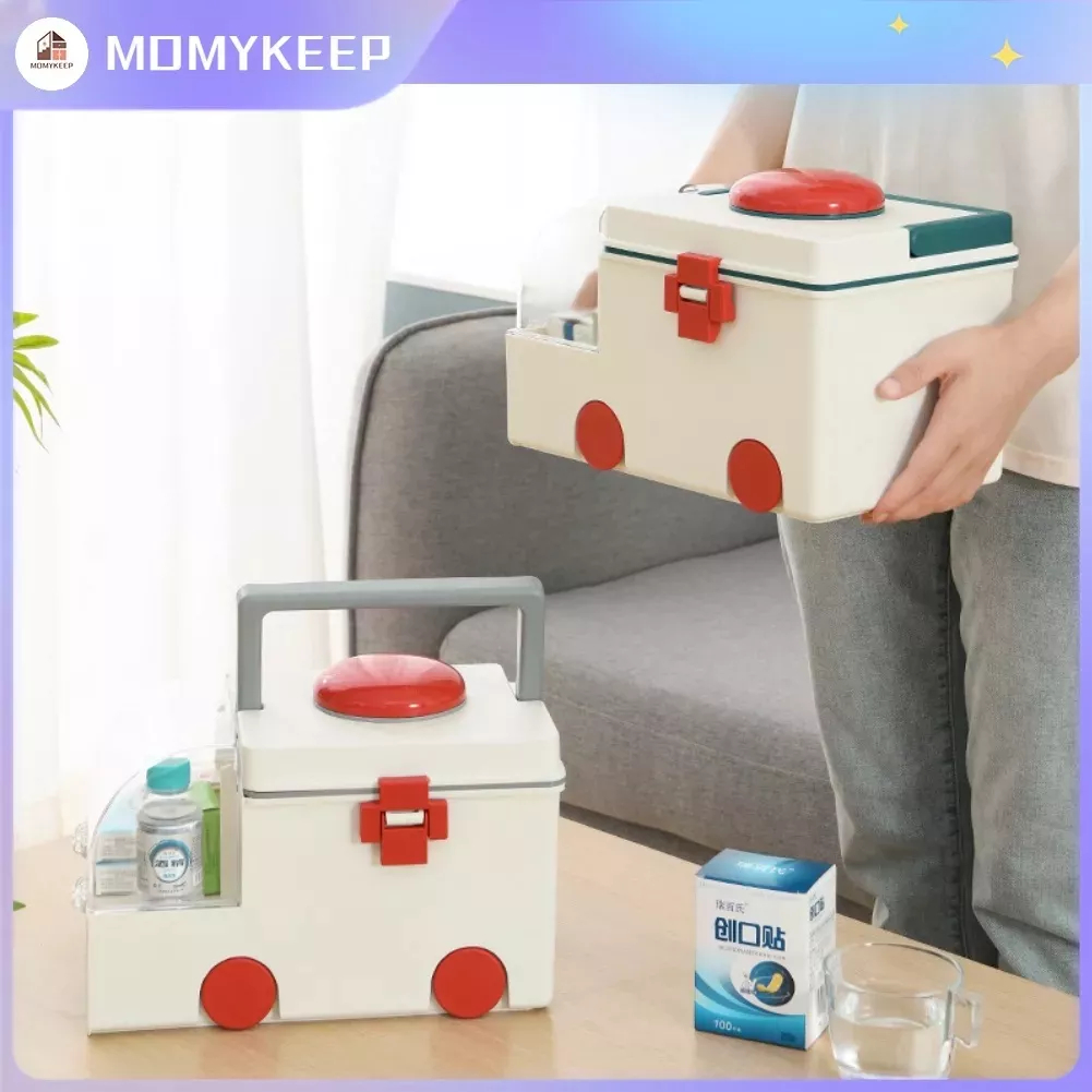 Hộp đựng thuốc Hình dạng dễ thương Xe cứu Hai lớp bảo quản dung tích lớn có tay cầm di động 【MOMYKEEP】
