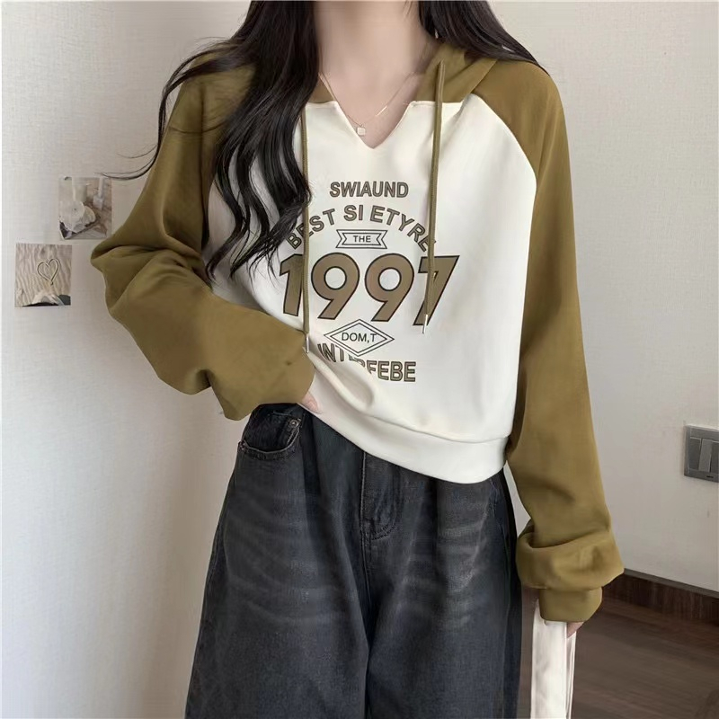 Áo hoodie COZOK tay dài dáng rộng in họa tiết màu tương phản phong cách Hàn Quốc