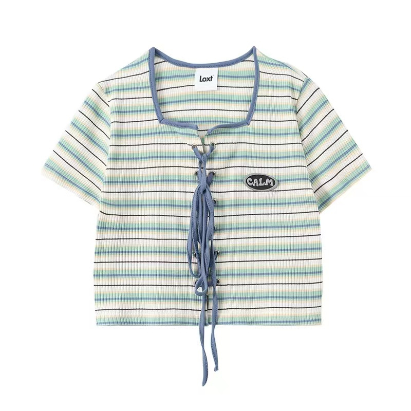 Áo kiểu COZOKC tay ngắn cổ vuông thắt dây họa tiết kẻ sọc màu sắc tương phản thời trang dành cho nữ