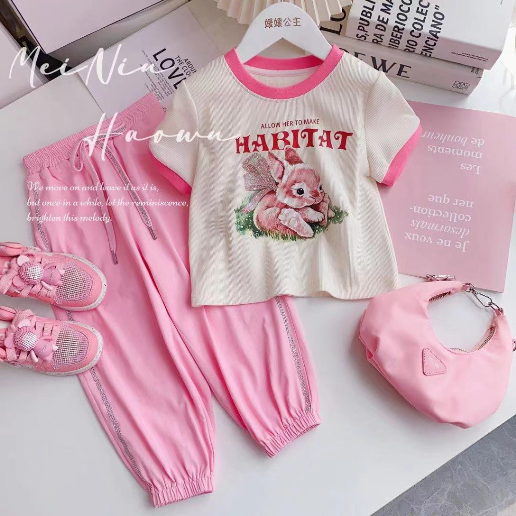 Bộ Quần Áo Thể Thao Tay Ngắn In Hình Hoạt Hình Phong Cách Hàn Quốc Thời Trang Mùa Hè Cho Bé Gái 3-14 Tuổi