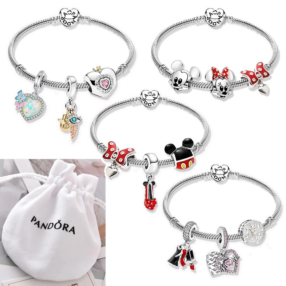 Pandora Vòng Tay Mạ Bạc 925 Đính Hạt Kèm Túi Đựng