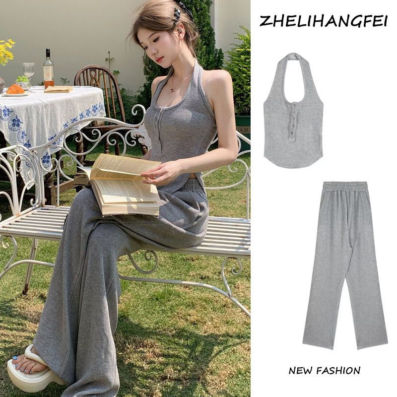 ZHELIHANGFEI Bộ Áo Cổ Yếm Màu Xám + Quần Dài Lưng Cao Thời Trang Mùa Hè Xinh Xắn Cho Nữ