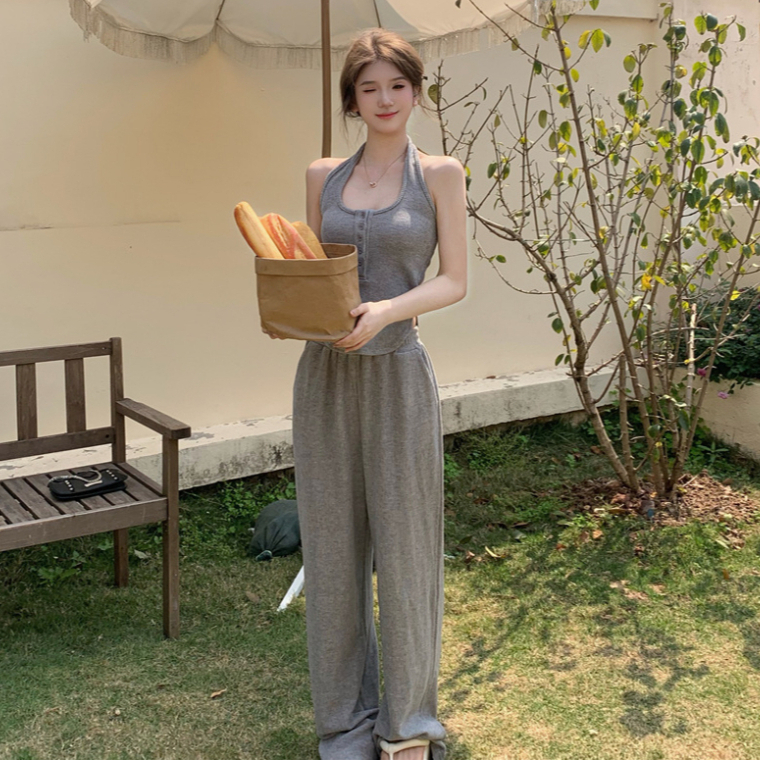 ZHELIHANGFEI Bộ Áo Cổ Yếm Màu Xám + Quần Dài Lưng Cao Thời Trang Mùa Hè Xinh Xắn Cho Nữ