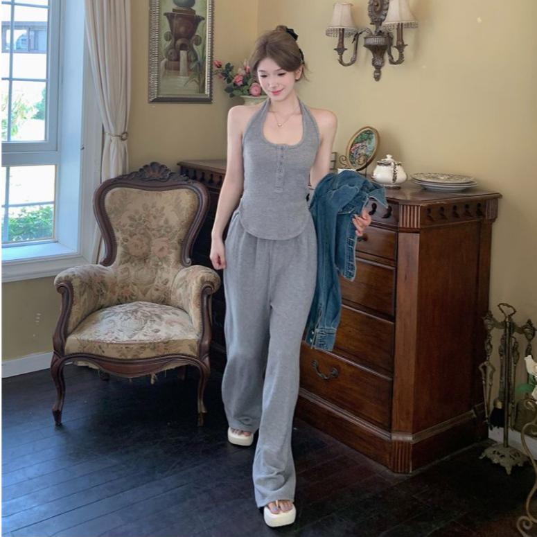 ZHELIHANGFEI Bộ Áo Cổ Yếm Màu Xám + Quần Dài Lưng Cao Thời Trang Mùa Hè Xinh Xắn Cho Nữ