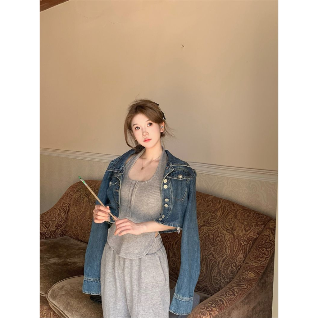 ZHELIHANGFEI Bộ Áo Cổ Yếm Màu Xám + Quần Dài Lưng Cao Thời Trang Mùa Hè Xinh Xắn Cho Nữ