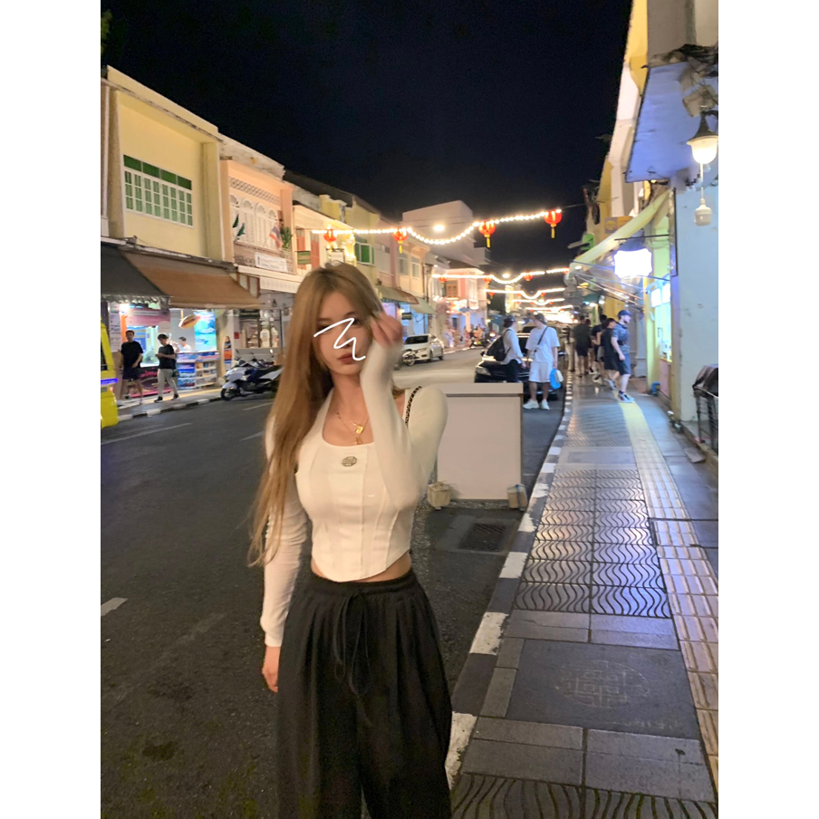 ZHELIHANGFEI Áo Thun Dài Tay Lưng Cao Ôm Dáng Gợi Cảm Dành Cho Nữ