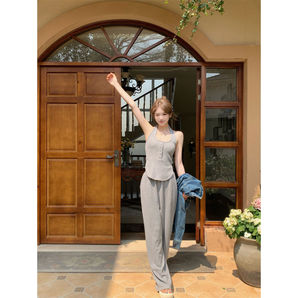 ZHELIHANGFEI Bộ Áo Cổ Yếm Màu Xám + Quần Dài Lưng Cao Thời Trang Mùa Hè Xinh Xắn Cho Nữ