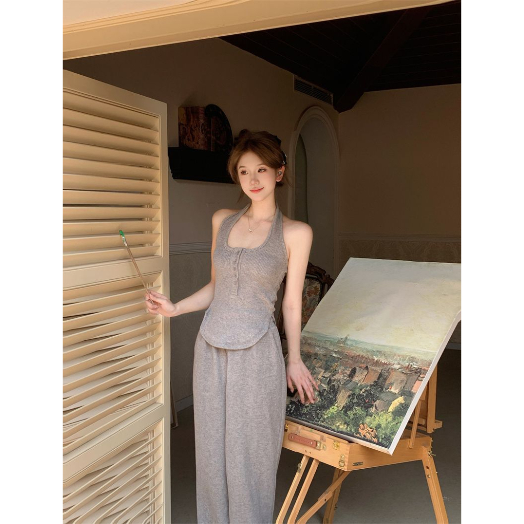 ZHELIHANGFEI Bộ Áo Cổ Yếm Màu Xám + Quần Dài Lưng Cao Thời Trang Mùa Hè Xinh Xắn Cho Nữ