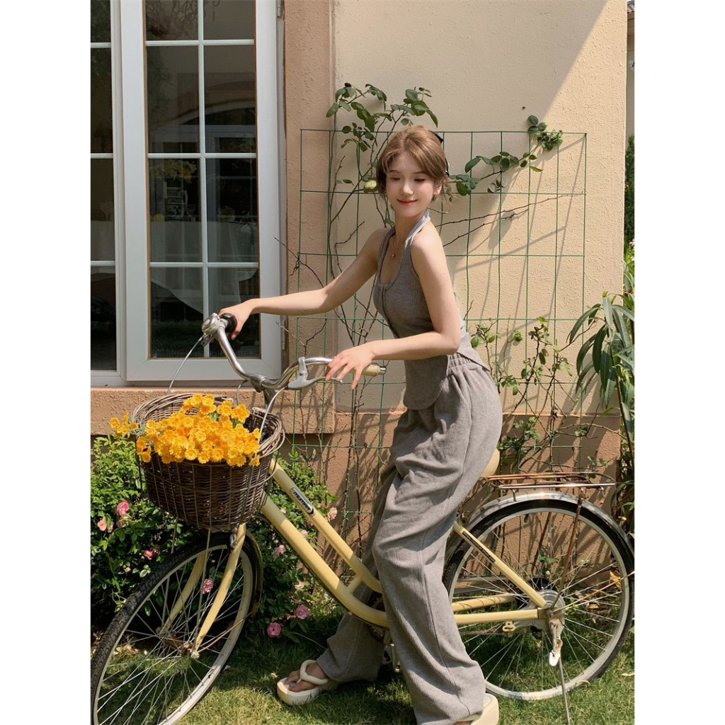 ZHELIHANGFEI Bộ Áo Cổ Yếm Màu Xám + Quần Dài Lưng Cao Thời Trang Mùa Hè Xinh Xắn Cho Nữ