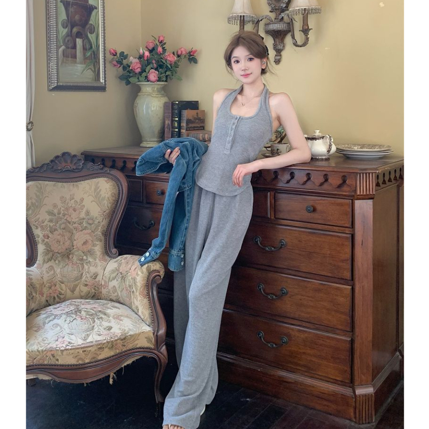 ZHELIHANGFEI Bộ Áo Cổ Yếm Màu Xám + Quần Dài Lưng Cao Thời Trang Mùa Hè Xinh Xắn Cho Nữ