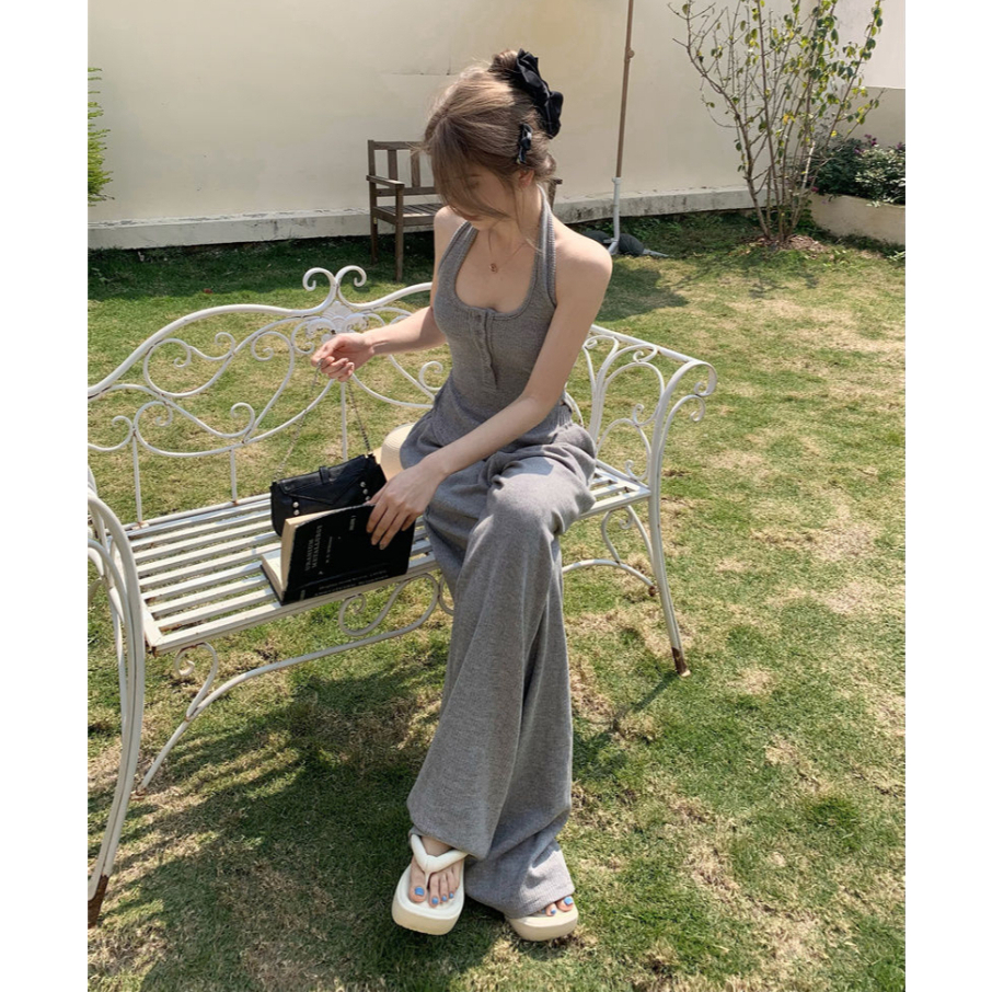 ZHELIHANGFEI Bộ Áo Cổ Yếm Màu Xám + Quần Dài Lưng Cao Thời Trang Mùa Hè Xinh Xắn Cho Nữ