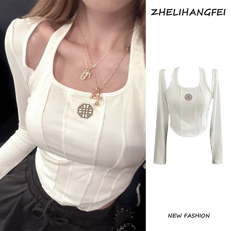 ZHELIHANGFEI Áo Thun Dài Tay Lưng Cao Ôm Dáng Gợi Cảm Dành Cho Nữ