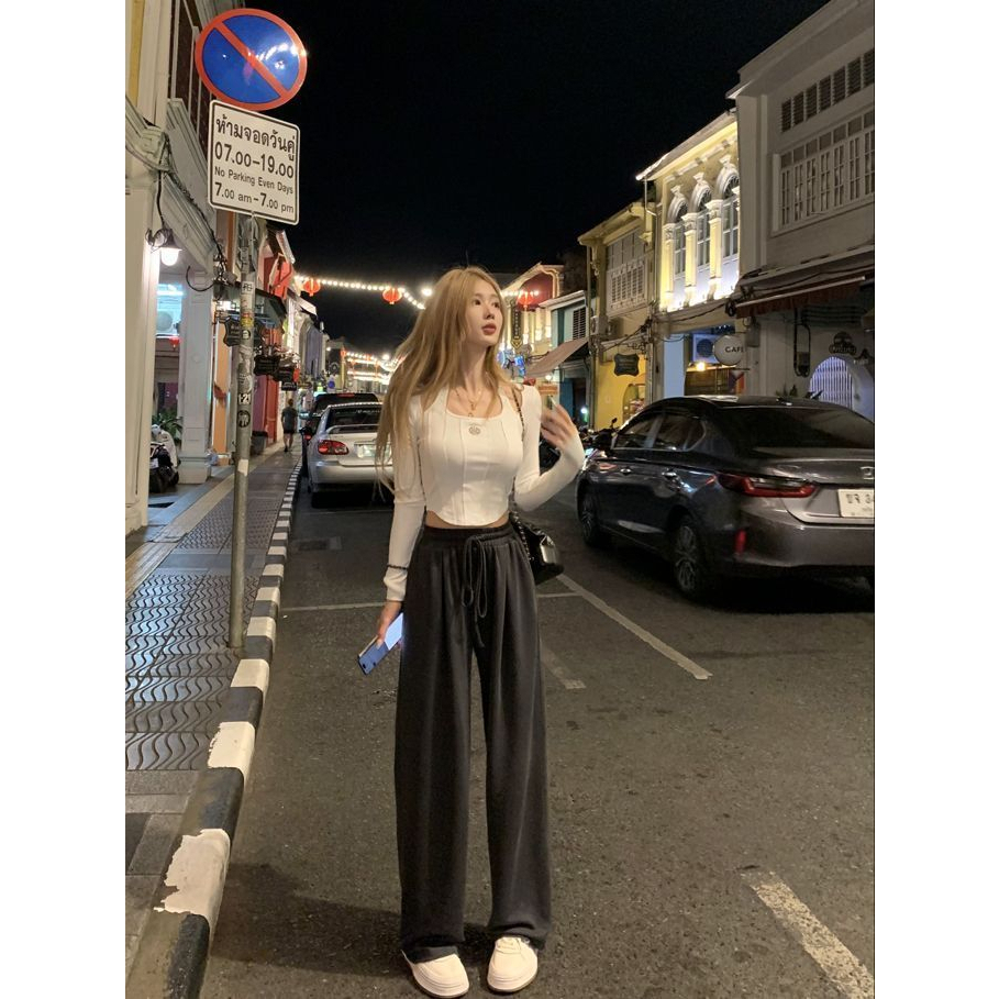 ZHELIHANGFEI Áo Thun Dài Tay Lưng Cao Ôm Dáng Gợi Cảm Dành Cho Nữ