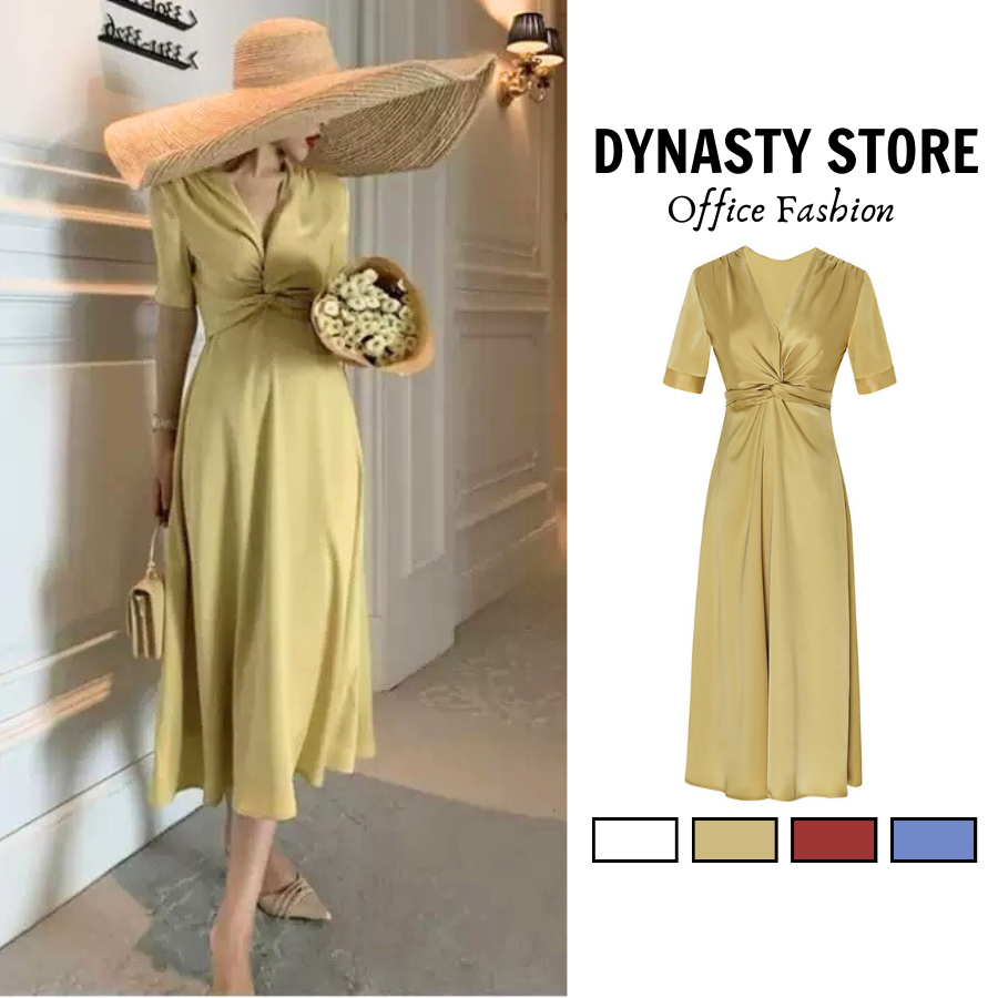 Đầm satin dáng dài, cổ chữ V công sở DYNASTY STORE phong cách thanh lịch, sang trọng, lịch sự, váy xòe thời trang xuân hè dành cho nữ
