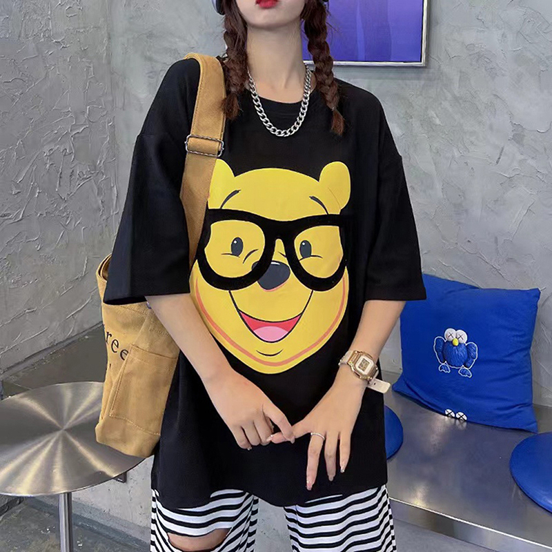 Áo Thun Ngắn Tay Cổ Tròn Dáng Rộng In Hình Gấu Hoạt Hình Dễ Thương Thời Trang Mùa Hè Cho Nữ