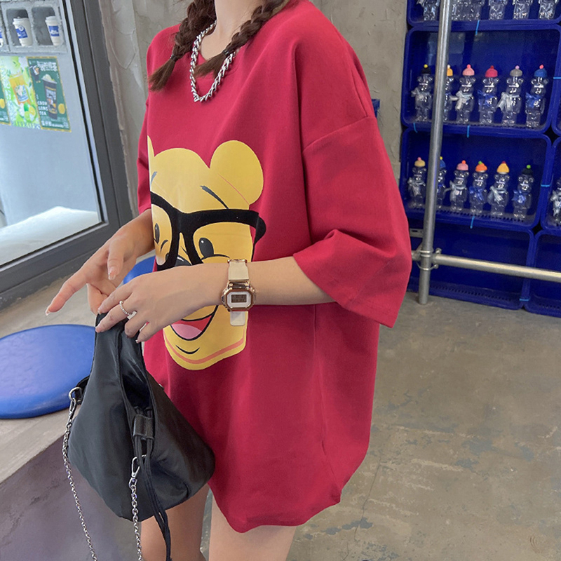 Áo Thun Ngắn Tay Cổ Tròn Dáng Rộng In Hình Gấu Hoạt Hình Dễ Thương Thời Trang Mùa Hè Cho Nữ