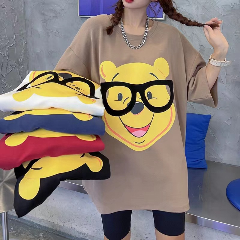 Áo Thun Ngắn Tay Cổ Tròn Dáng Rộng In Hình Gấu Hoạt Hình Dễ Thương Thời Trang Mùa Hè Cho Nữ
