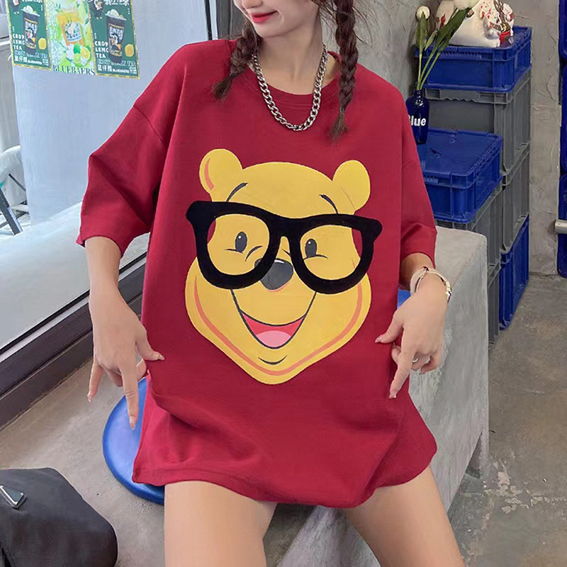 Áo Thun Ngắn Tay Cổ Tròn Dáng Rộng In Hình Gấu Hoạt Hình Dễ Thương Thời Trang Mùa Hè Cho Nữ