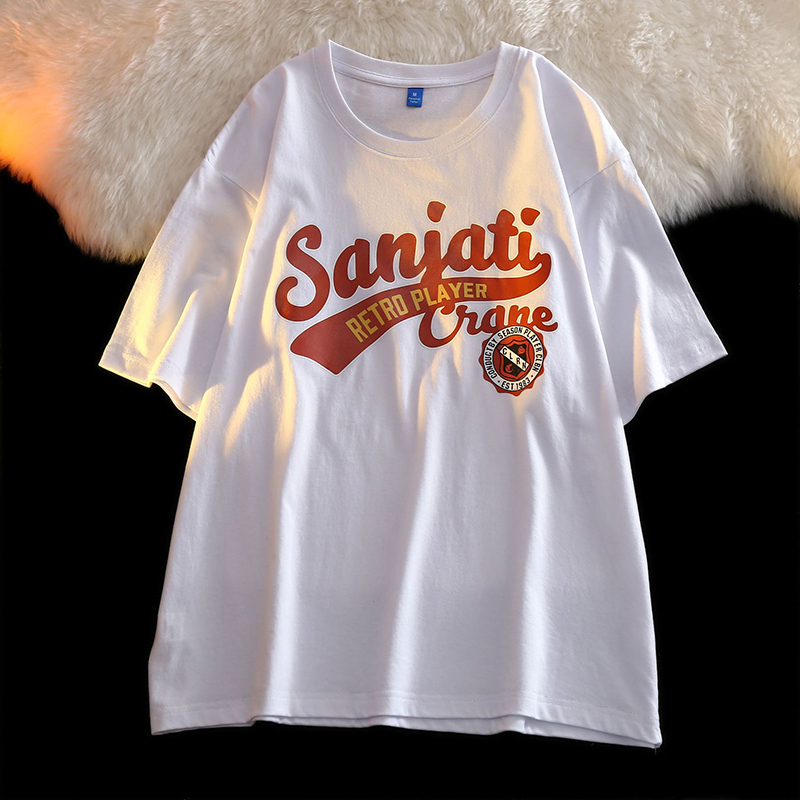 Áo Thun Nữ Ngắn Tay Cổ Tròn In Chữ Phong Cách Retro Mỹ