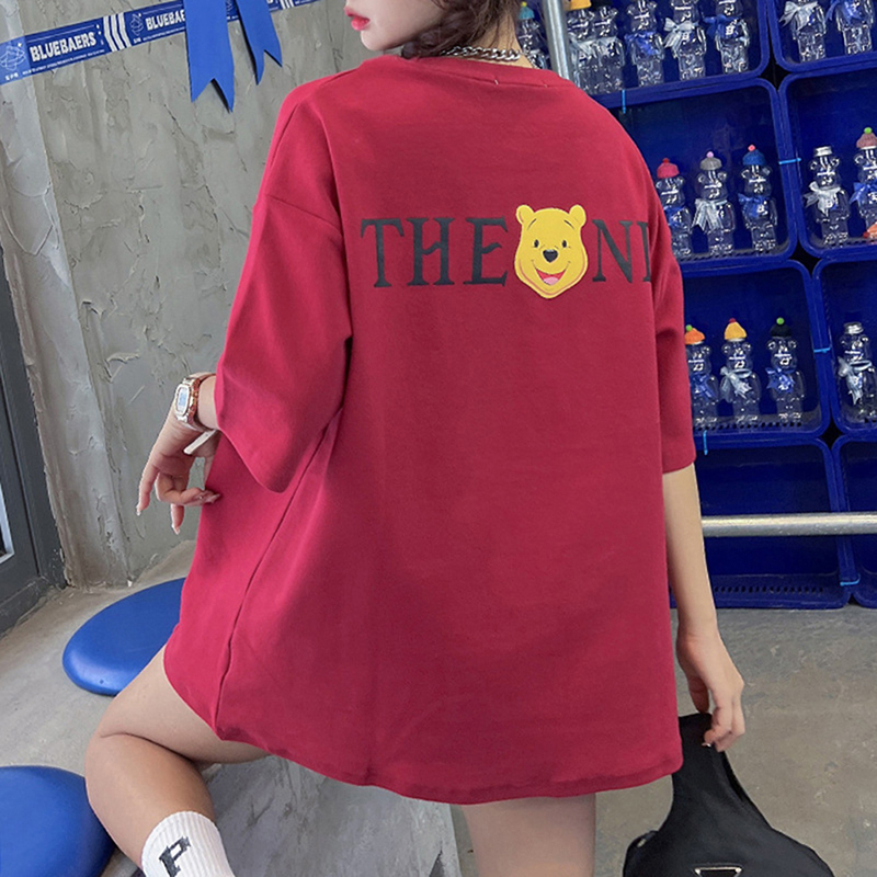 Áo Thun Ngắn Tay Cổ Tròn Dáng Rộng In Hình Gấu Hoạt Hình Dễ Thương Thời Trang Mùa Hè Cho Nữ