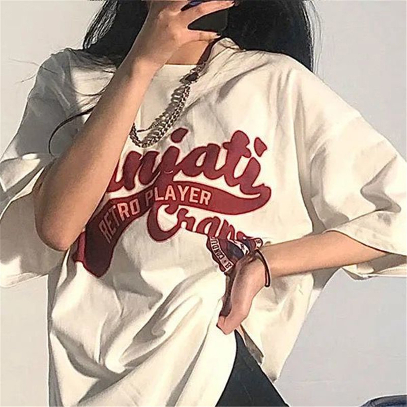 Áo Thun Nữ Ngắn Tay Cổ Tròn In Chữ Phong Cách Retro Mỹ