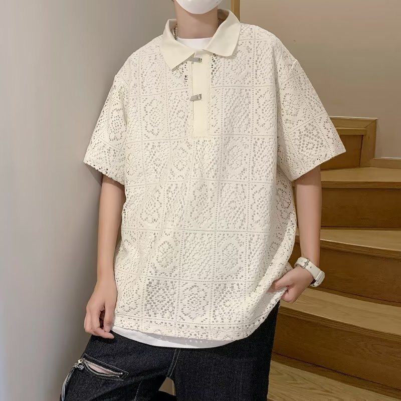Áo Sơ Mi Tay Ngắn Cổ Bẻ Phối Ren Rỗng Kiểu Pháp Thời Trang Mùa Xuân Cho Nam Size M-2XL