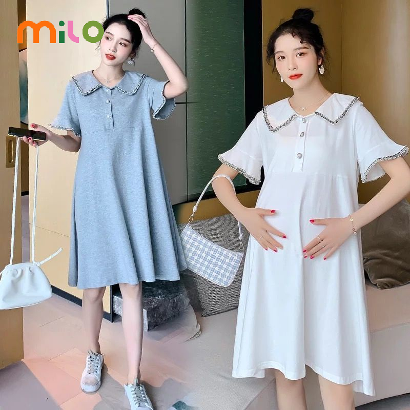 Milo Đầm Ngắn Tay Cổ Búp Bê Thời Trang Cho Mẹ Bầu