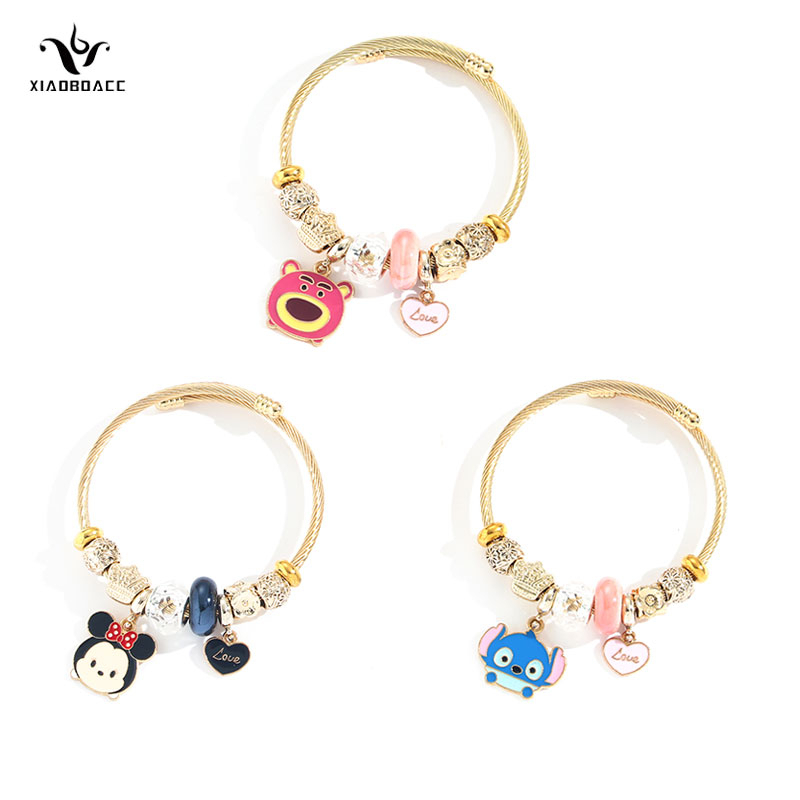 XiaoboACC Vòng Tay Hở Xỏ Hạt Hình Hoa Cúc / Melody / Trái Tim Hoạt Hình DIY Sáng Tạo Cho Nữ