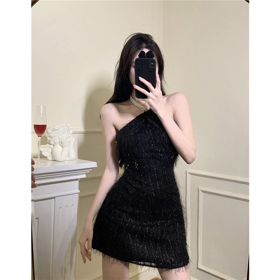 Đầm Lụa Đen Sát Nách Dáng Chữ A Ôm Sát Quyến Rũ Phong Cách Hàn Quốc Cho Nữ