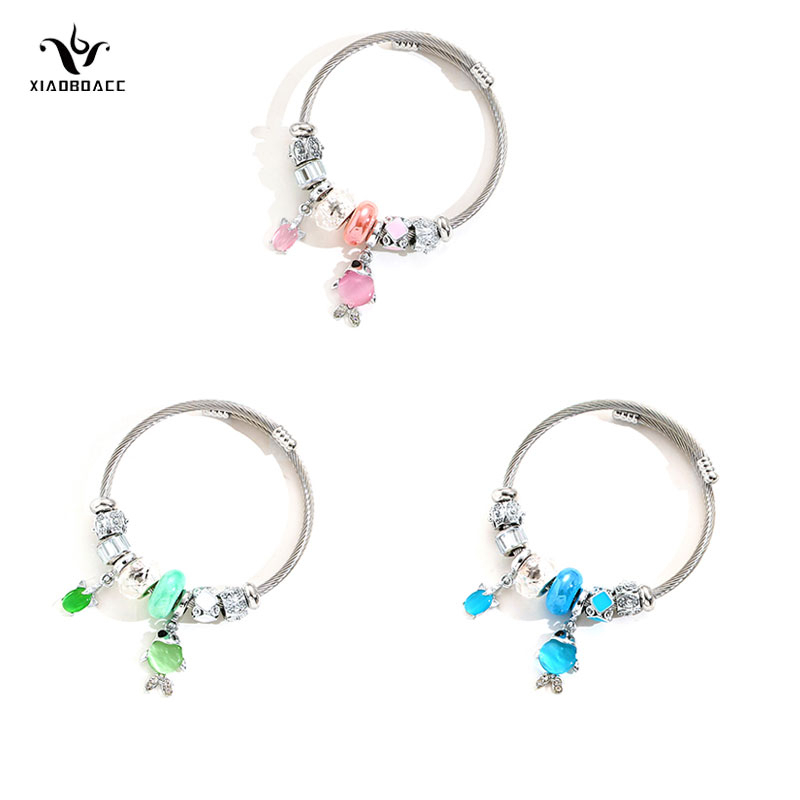 XiaoboACC Vòng Tay Hở Xâu Hạt Bằng Thép Không Gỉ Màu Bạc Chống Dị Ứng Thời Trang Cho Nữ
