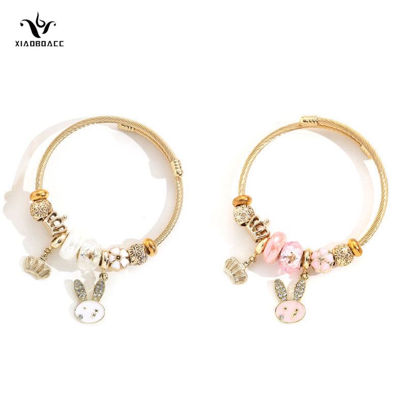 XiaoboACC Vòng Tay Hạt Charm Bằng Thép Không Gỉ Màu Vàng Kim Chống Dị Ứng Hình Thỏ Cho Nam Và Nữ