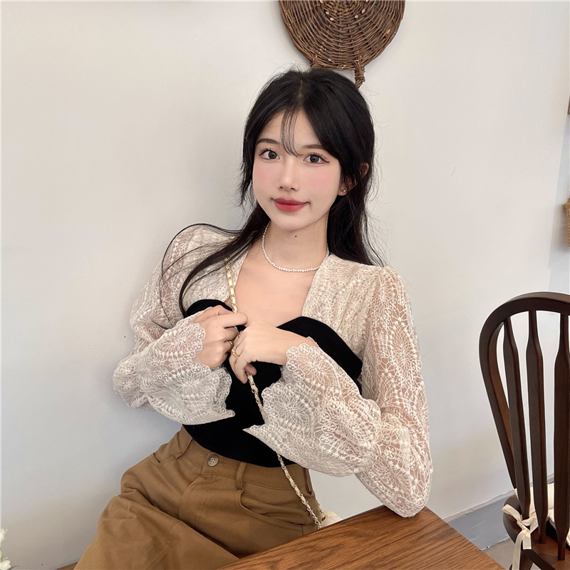 Áo Sơ Mi Nữ Tay Dài Cổ Vuông Phối Ren Phong Cách Hàn Quốc Vintage Baju Baju Wanita Lengan Panjang Hàng Mới Có Sẵn