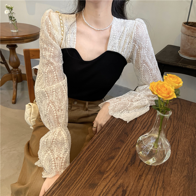 Áo Sơ Mi Nữ Tay Dài Cổ Vuông Phối Ren Phong Cách Hàn Quốc Vintage Baju Baju Wanita Lengan Panjang Hàng Mới Có Sẵn