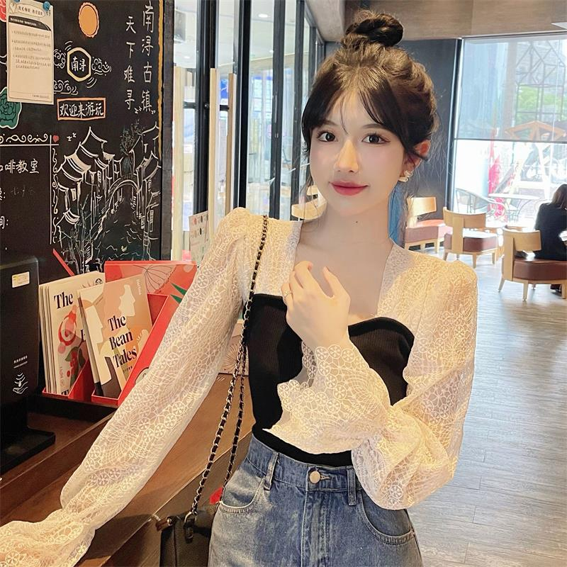 Áo Sơ Mi Nữ Tay Dài Cổ Vuông Phối Ren Phong Cách Hàn Quốc Vintage Baju Baju Wanita Lengan Panjang Hàng Mới Có Sẵn