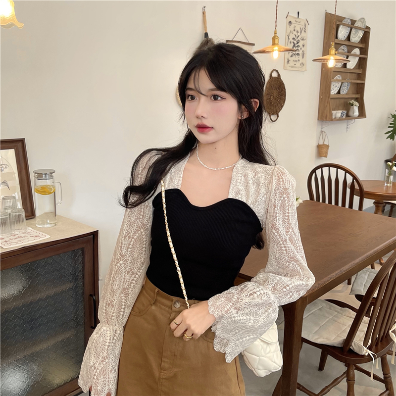 Áo Sơ Mi Nữ Tay Dài Cổ Vuông Phối Ren Phong Cách Hàn Quốc Vintage Baju Baju Wanita Lengan Panjang Hàng Mới Có Sẵn