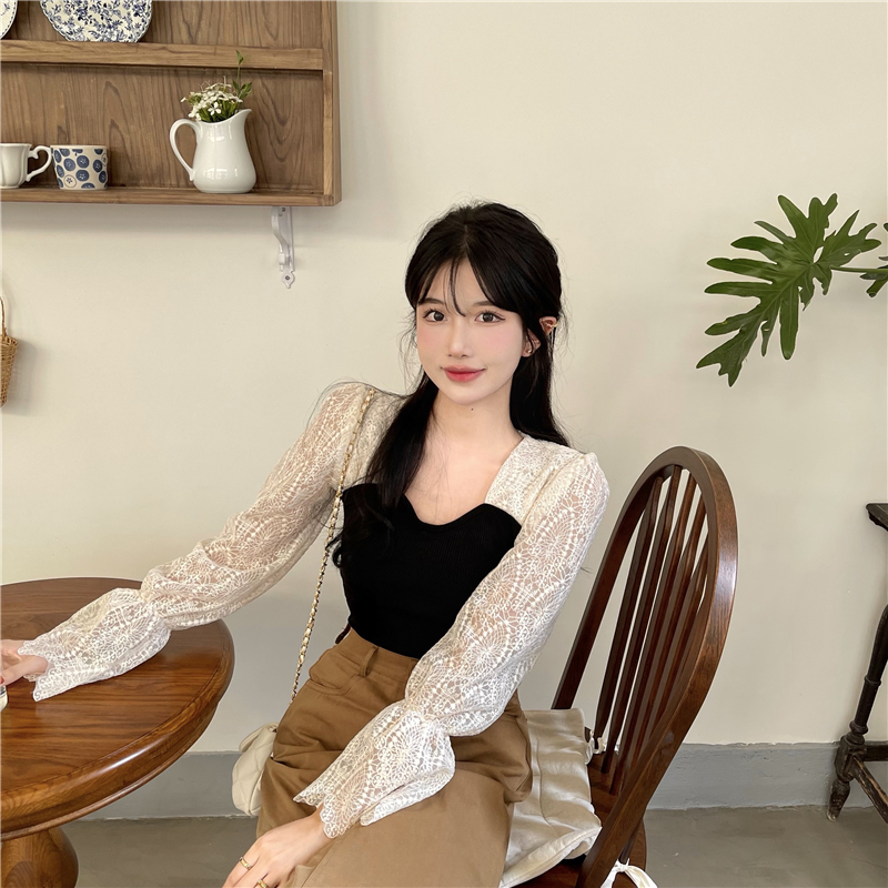 Áo Sơ Mi Nữ Tay Dài Cổ Vuông Phối Ren Phong Cách Hàn Quốc Vintage Baju Baju Wanita Lengan Panjang Hàng Mới Có Sẵn
